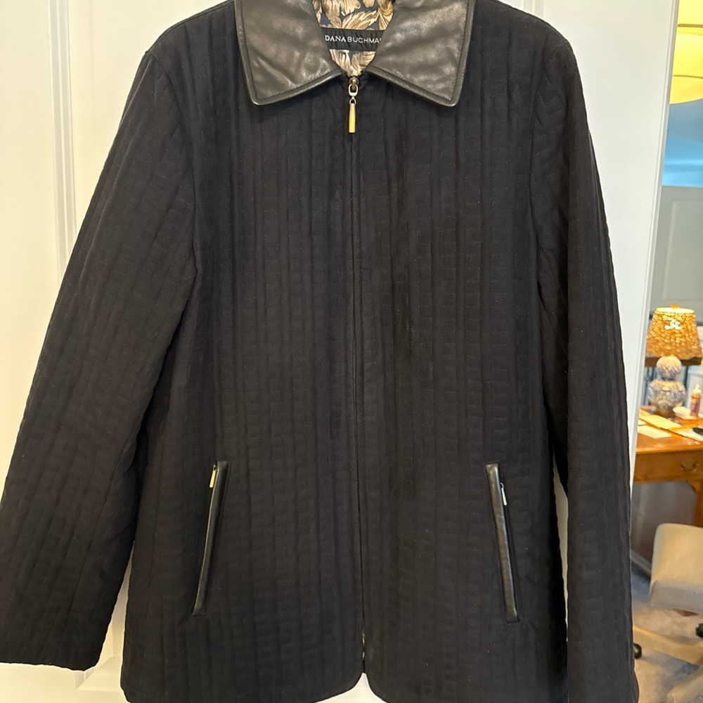 Dana Buchman Black Textured Genuine Leather Trim Collar Zip Up Mid Length Coat L